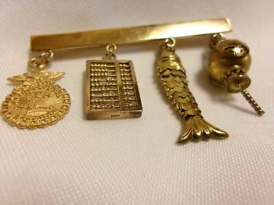 Vintage 10k-12k Yellow Gold Moveable Abacus Fish Chinese Lantern Charm Brooch • $550