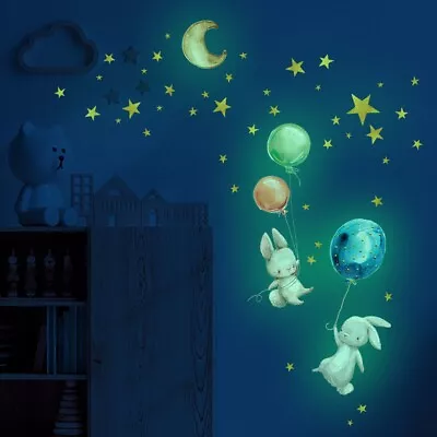 Glow In The Dark Flying Rabbits Wall Stickers Balloons Star Moon Kids Room Decor • £7.49