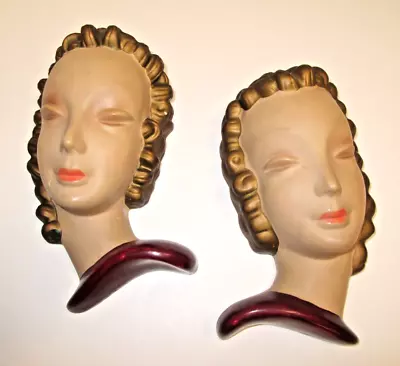 Vintage Pair Of Art Deco Modernist Chalkware Women's Heads Hanging Plaques • $19.99