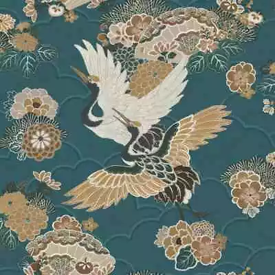 Rasch Akari Cranes Japanese Birds Floral Kyoto Teal Wallpaper 282770 • £10.69