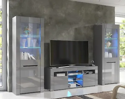£449.90 • Buy TV Unit High Gloss Grey &Matt Living Room Set Stand Display Cabinets LED Lights