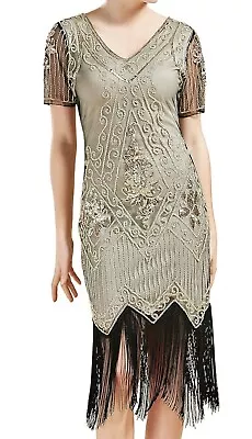 Women Dress Size XXL Champagne V Neck Beaded Fringed 1920 Great Gatsby Party NWT • $14.99