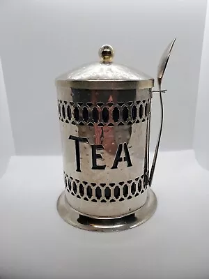 Vintage Silver-Plated Filigree Tea Canister With Blue Plastic Insert & Spoon • $36