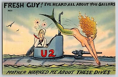 Postcard Military Humor - Submarine W Mermaid - Tichnor • $19.99