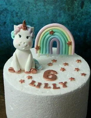 UNICORN & RAINBOW With Rose Gold Name & Age Edible Cake Topper  • £21.99