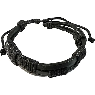 Black Leather Bracelet Wristband Bangle Mens Womens Boys Girls Surfer Jewellery • £3.99