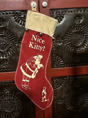 Vintage Style Red Felt Nice Kitty Merry Christmas Stocking W Bells Santa 18  • $24.22