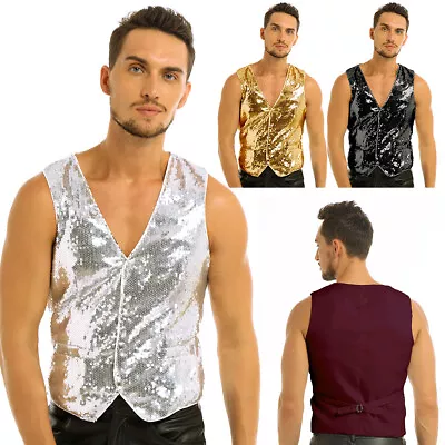 Mens Sequins Sleeveless Vest Top V-Neck Button Down Dress Suit Waistcoat Costume • $12.73