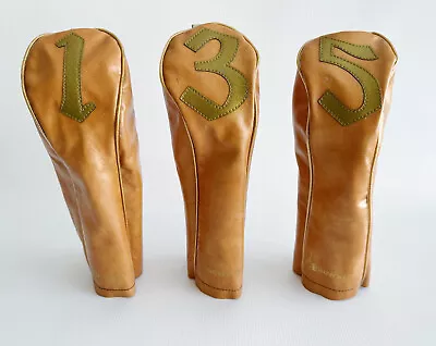 Vintage Faux Leather Golf Club Head Covers 1 3 5 Tan With Gold Numbers Browning • $38