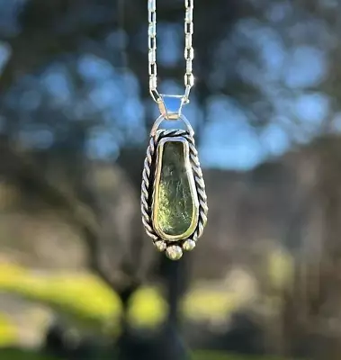 Rough Moldavite Pendant Sterling Silver Green Czech Repiblic Moldavite Pendant • $38.28