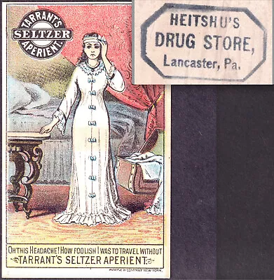 Lancaster Pennsylvania Heitshu Drugstore Headache Seltzer Travel Cure Trade Card • $22.50