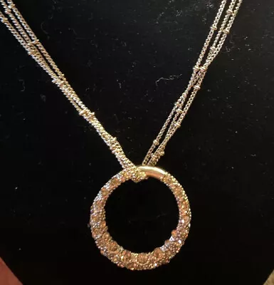 Vtg Signed Monet 3 Layer Gold Tone Necklace Oval Crystal Encrusted Pendant • $15