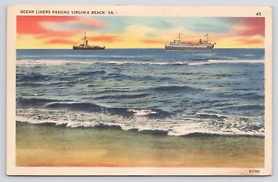 1937 Virginia Beach Ocean Liners At Sea Linen Postcard Vintage Surf Sand Ships • $7.22