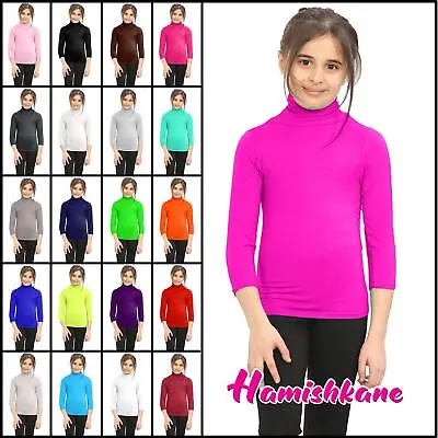 Girls Boys Plain Long Sleeve Turtle Roll Neck T-Shirt Kids Casual Basic Polo Top • £4.78