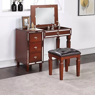 Classic Antique Bedroom Vanity Set W Stool Cherry Color Drawers Cushion Seat • $599.99