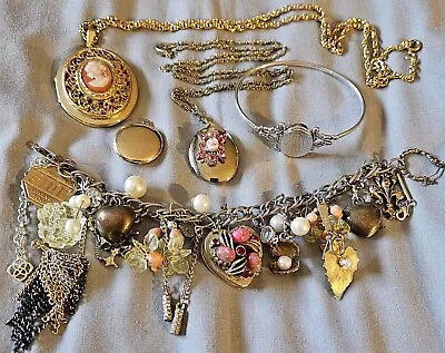 Vintage Costume Jewelry Locket Lot Necklace Pendant Style Artisan Charm Bracelet • $15.50