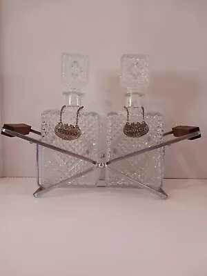 Vintage MCM 2 Sq Glass Liquor Decanters In Metal & Wood Tray • $65