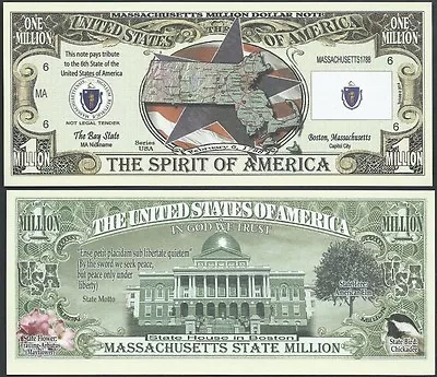 Massachusetts State Million Dollar Bill Funny Money Novelty Note + FREE SLEEVE • $1.69