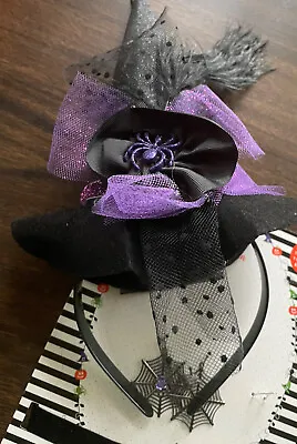 Black Mini Witch Hat Headband W/ Attached Veil W/ Feathers W/ Spider Web Earring • $7