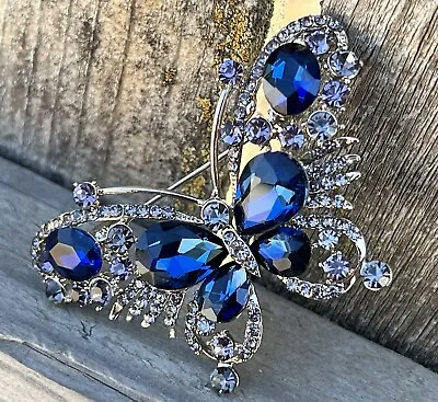 Crystal Rhinestone Butterfly Brooch Pin Royal Blue Vintage Glass Insect Big Bug • $12.59