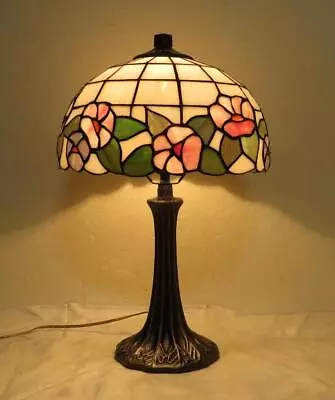 Vintage Slag-Stained Glass Floral Shade Table Lamp Tiffany Style Tree Trunk Base • $59.98