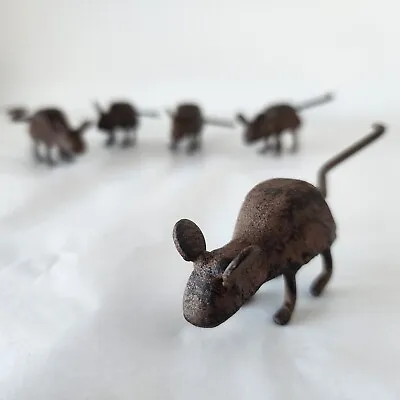 Metal Mouse Scultures Small Rustic Cast Iron Figurines Mice Decor SET OF FIVE • $30