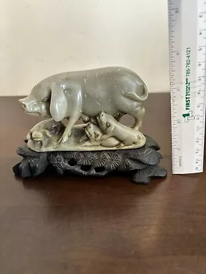 Vintage Hand Carved Soapstone Pig With Nursing Piglets • $69.99