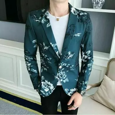 Mens Korean Floral Print Slim Blazer One Button Party Jackets Outwear Coat HOT • $43.88