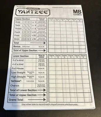 Yahtzee Score Pad - Original - MB Games 1982 - 50+ Sheets • £2.99