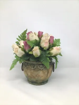 Rose Floral Arrangement Dew Kissed In Antiqued Ceramic Planter 20 Vintage Roses  • $39.16