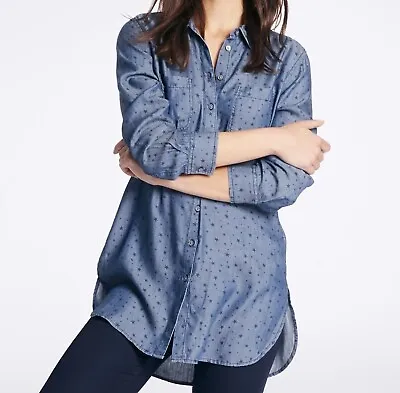 M&S Longline Chambray Denim Blue Star Print Long Sleeve Tencel Shirt 14 • £15.99