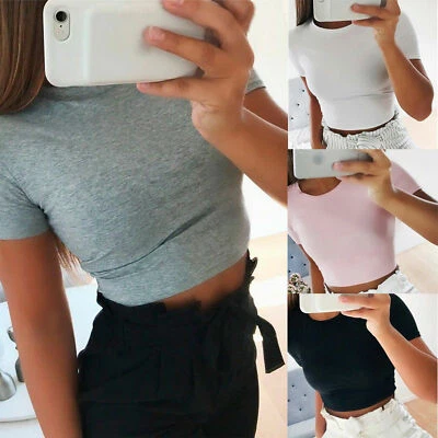 £4.24 • Buy Womens Cap Sleeve Crop Top Ladies Round Neck Stretchy Vest T Shirt Blouse Tee