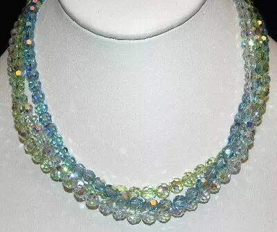Vintage Triple Strand Green Blue Crystal Glass Bead 15  16  Choker Necklace 6mm • $11