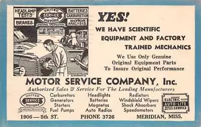 Meridian Mississippi Motor Service Co Car Mechanic Ad Vintage Postcard AA69213 • $16.75