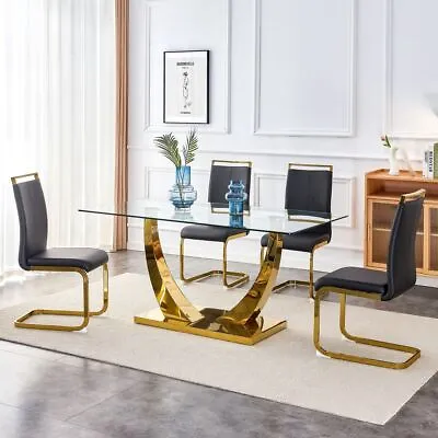 63  Dining Set Of 5 PC 1 Tempered Glass Dining Table W Gold Base+4 Black Chair • $309