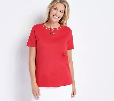 Quacker Factory Grommet Split-Neck Short Sleeve T-Shirt  A506001 • $14.11