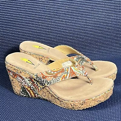 Volatile Paisley Fabric Cork Wedge Sandals Flip Flops  Women's Sz 8 • $17