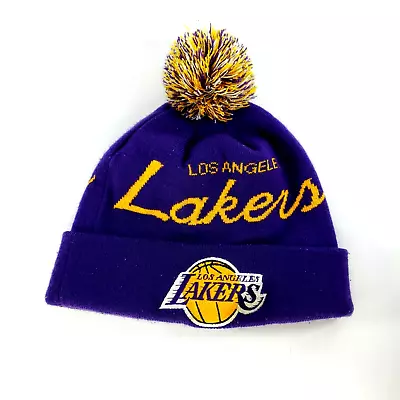 Mitchell Ness Los Angeles Lakers Pom Beanie Script Purple Yellow Embroidered • $19.99