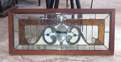 Antique Leaded Stained Glass Panel Beveled Transom Wrought Iron 42-1/4 X 18-1/4  • $817