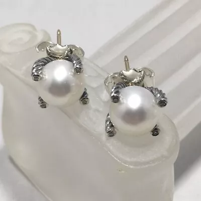 David Yurman Sterling Silver 925 9.5mm Pearl Diamond Earrings • $285