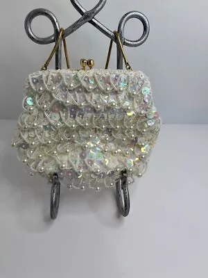 STUNNING Vintage Sequin & Beaded White Clutch Purse- Handmade In Hong Kong • $7.99