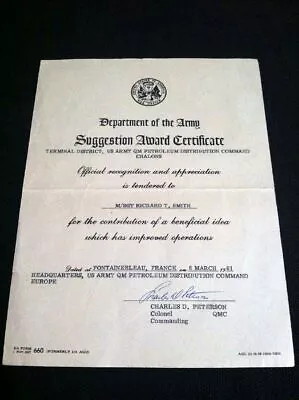 US Army Suggestion Award Certificate NATO MSGT Smith QM 1961 Cold War Signed • $55
