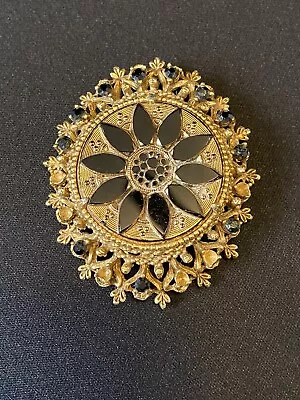 Vintage Florenza Victorian Revival Gilt Brooch Pendant Black And Gold Rhinestone • $20