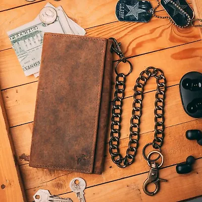 RFID Leather Long Trifold Chain Wallet For Men Crazy Horse Rustic Brown J312 • $37.99