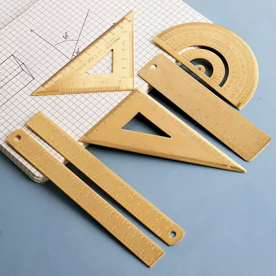 Vintage Brass Straight Ruler Metal Triangle Ruler Protractor Measuring Tool • $7.02