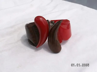 Rare Vintage Carved Red Bakelite(tested) & Wood Clamper Bracelet • $428.42