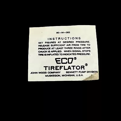 Eco Tireflator Air Meter Instructions Label John Wood Muskegon Michigan Vintage • $24.99