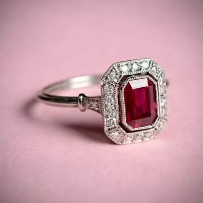 Vintage Style  2Ct Emerald Simulated Ruby Halo Ring 14K White Gold Plated Silver • $97.30