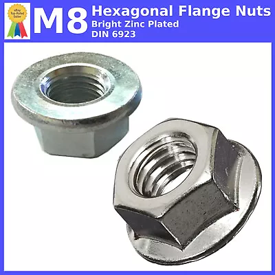 M8 - 8mm FLANGE NUTS HEXAGON NUT METRIC BRIGHT ZINC PLATED BZP DIN 6923 • £0.99