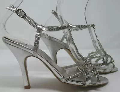 Faith Size 5 (38) Silver T Bar High Heel Strappy Occasion Sandals • £7.99